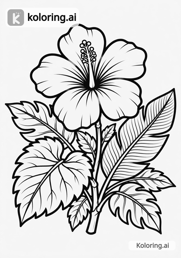 Black and white coloring page of hibiscus flower with tropical leaves
