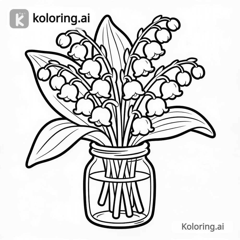Black and white coloring page of lily of the valley in a glass jar