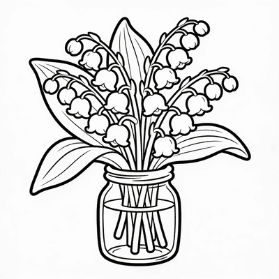 Black and white coloring page of lily of the valley in a glass jar