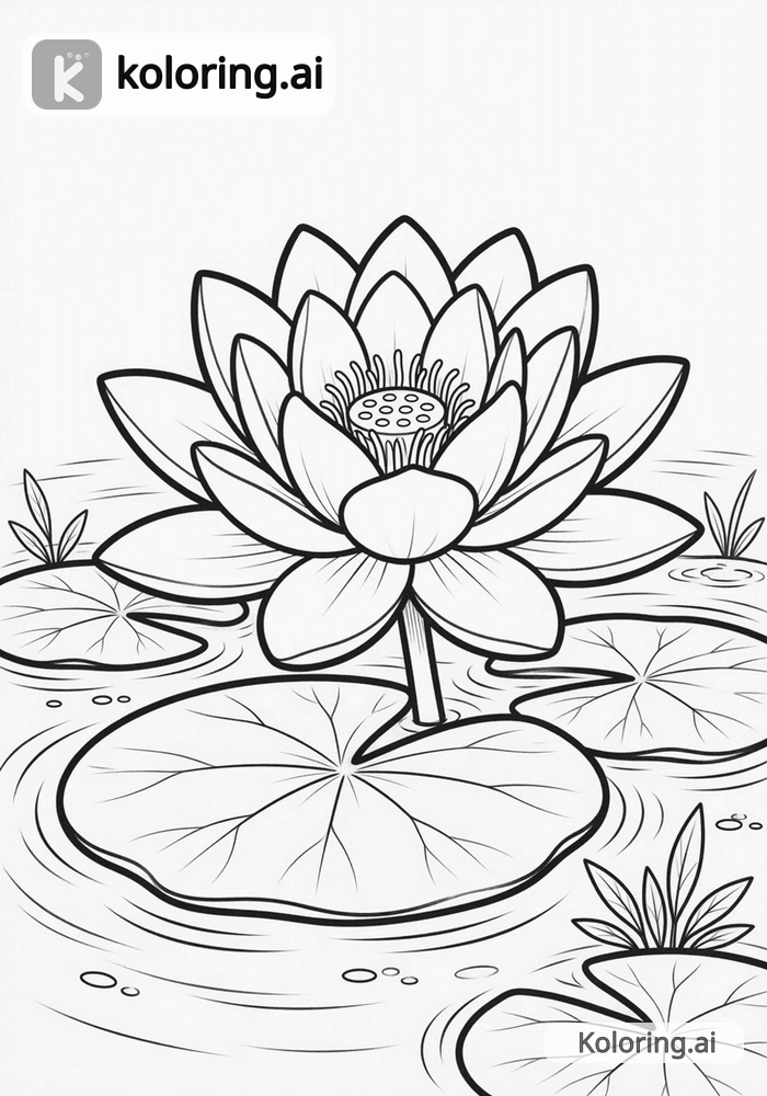 Black and white coloring page of lotus flower floating on a calm pond