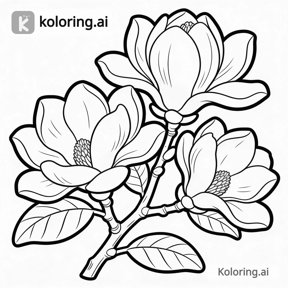 Black and white coloring page of magnolia branch with large open blooms