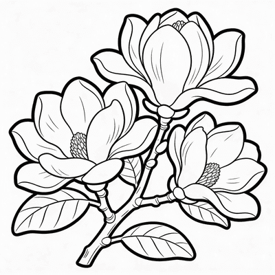 Black and white coloring page of magnolia branch with large open blooms