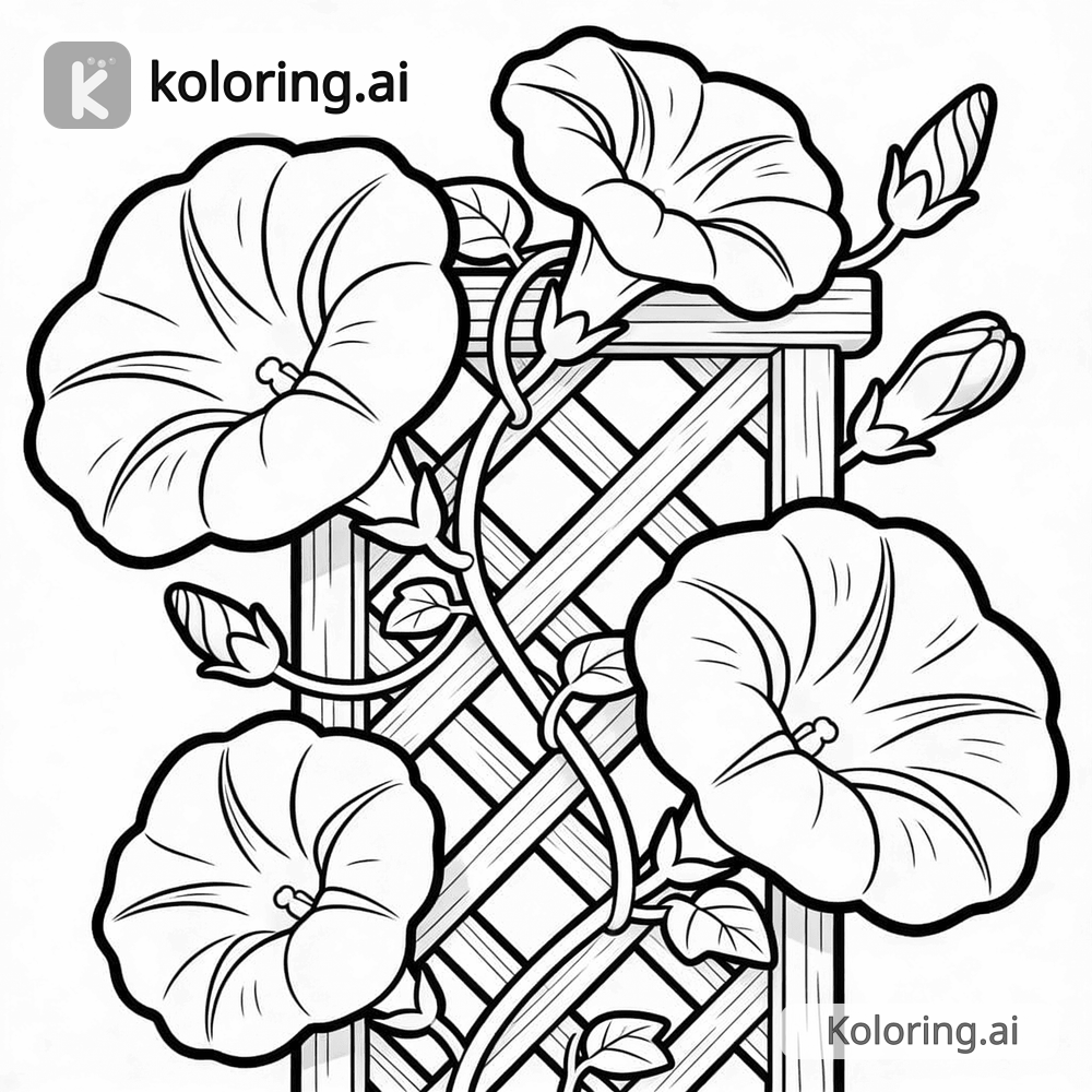 Black and white coloring page of morning glory climbing a garden trellis