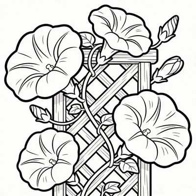 Black and white coloring page of morning glory climbing a garden trellis