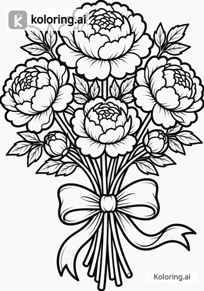Black and white coloring page of peony bouquet tied with a ribbon