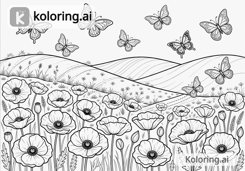 Black and white coloring page of poppy field with rolling hills and butterflies
