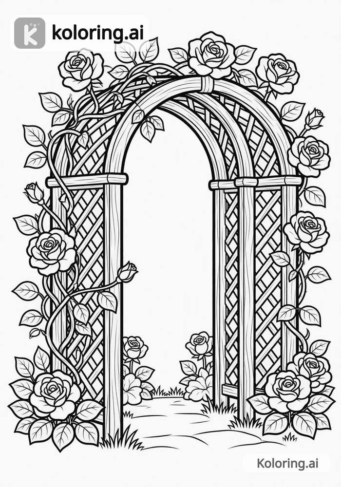 Black and white coloring page of rose garden archway with climbing vines