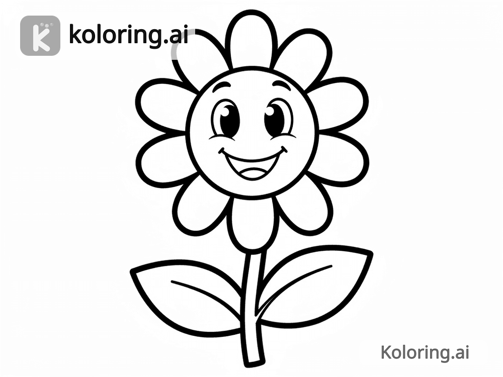 Black and white coloring page of simple daisy with a smiling face