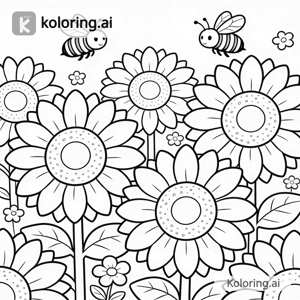 Black and white coloring page of sunflower garden with bees