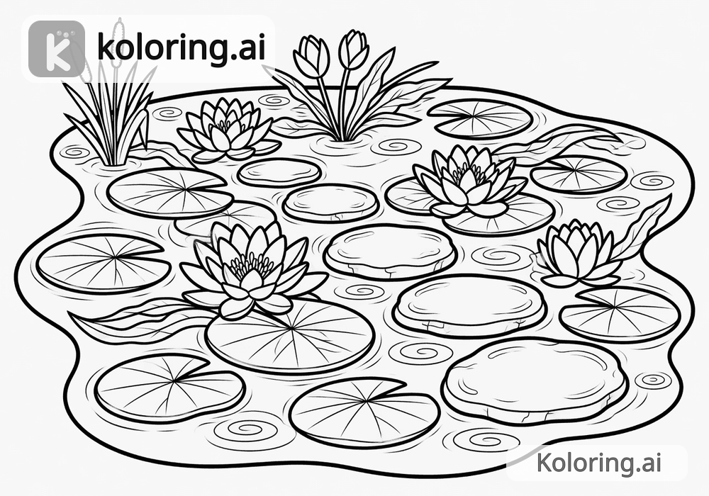 Black and white coloring page of water lily pond with stepping stones