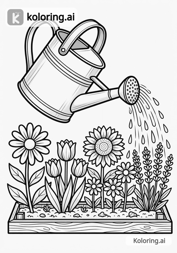 Black and white coloring page of watering can pouring over a flower garden
