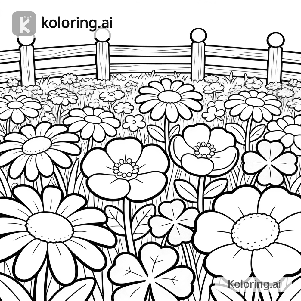 Black and white coloring page of wildflower meadow with a wooden fences