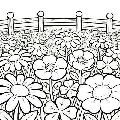 Black and white coloring page of wildflower meadow with a wooden fences