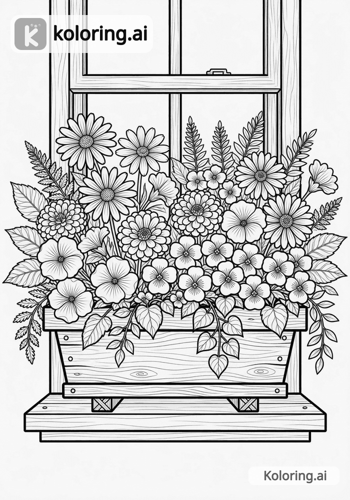 Black and white coloring page of window box overflowing with colorful flowers