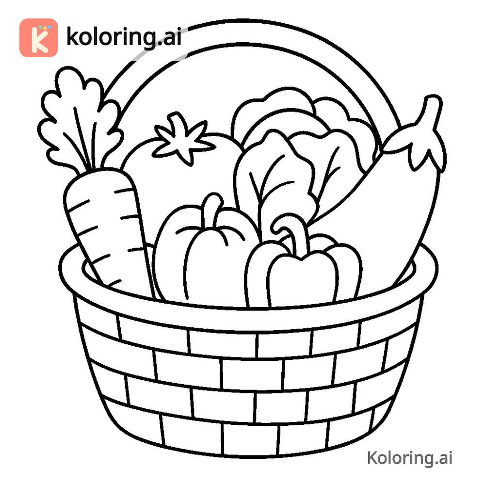 Black and white coloring page of basket of vegetables from the garden