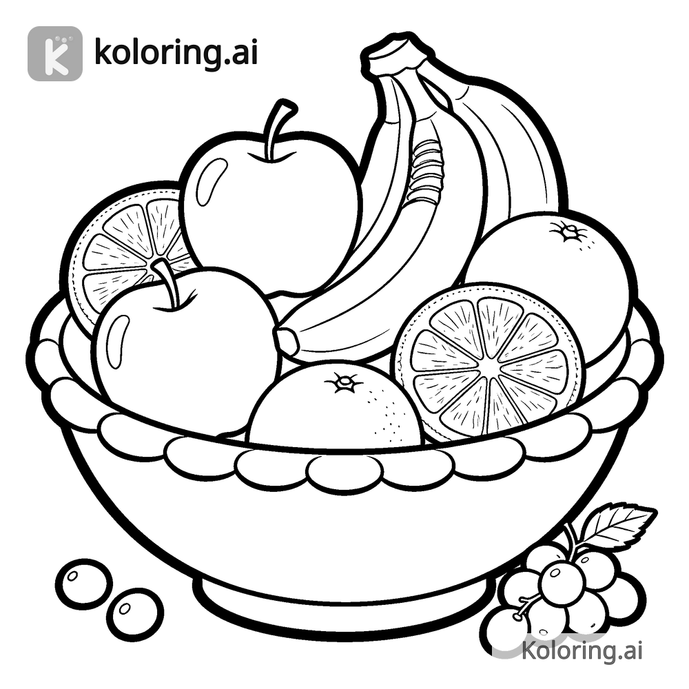 Black and white coloring page of bowl of fresh fruit