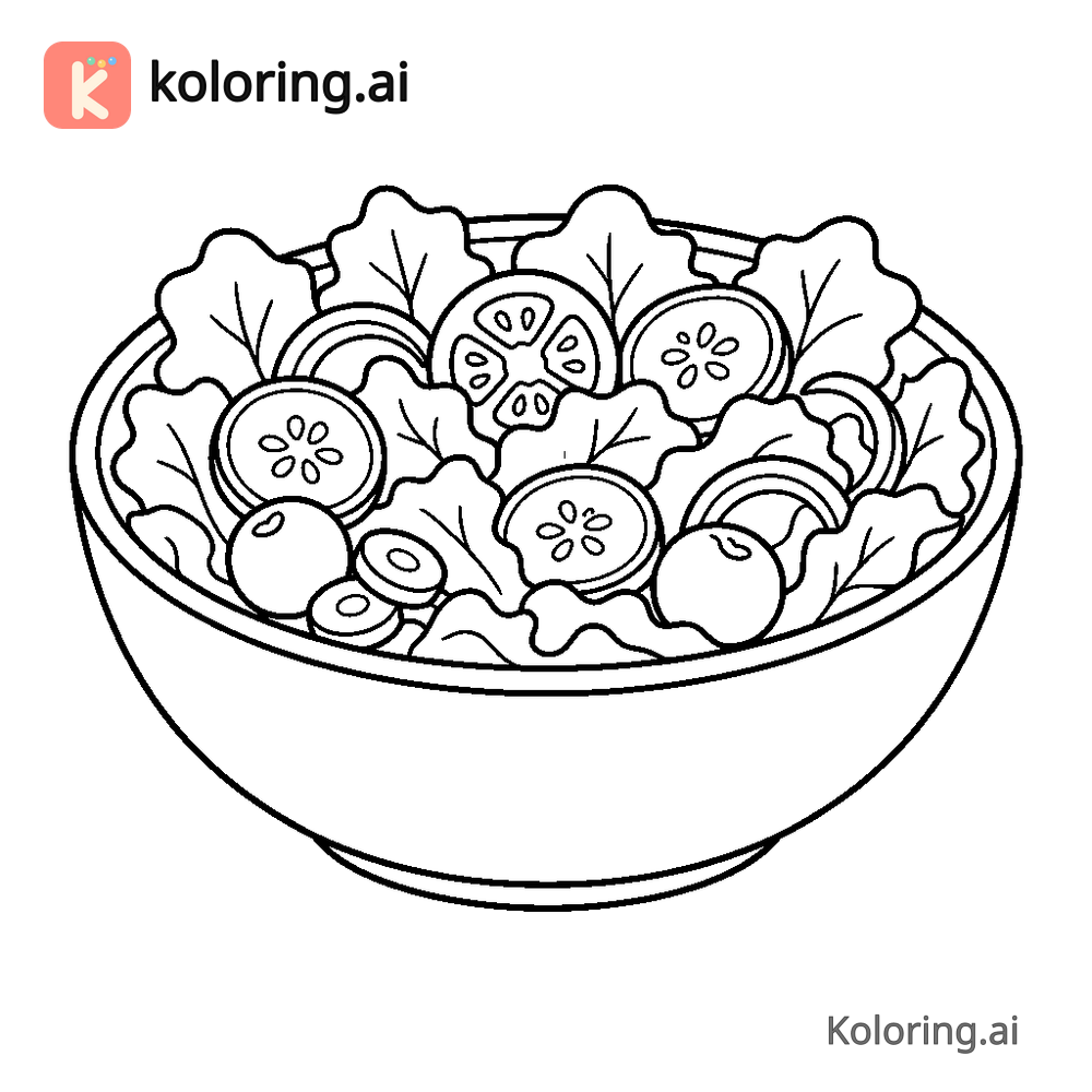Black and white coloring page of garden salad bowl with mixed vegetables