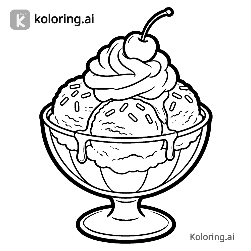 Black and white coloring page of ice cream sundae in a glass
