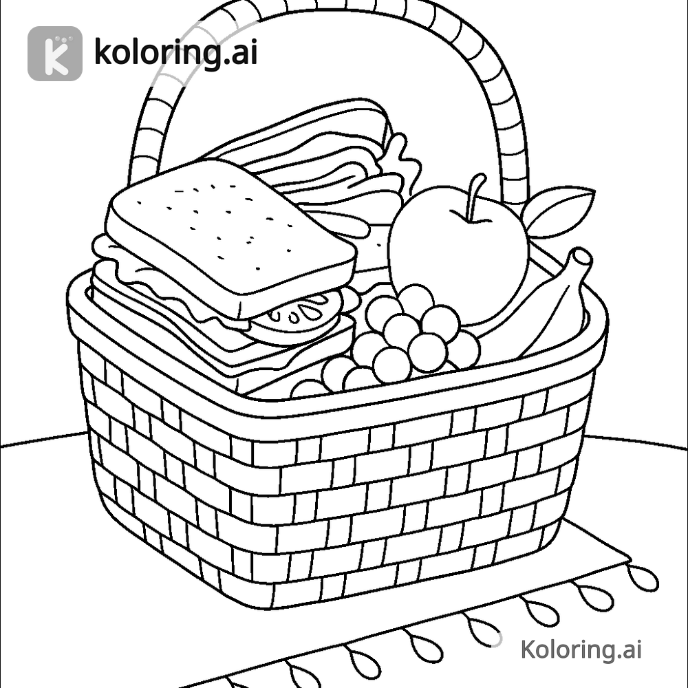 Black and white coloring page of picnic basket with sandwiches and fruit