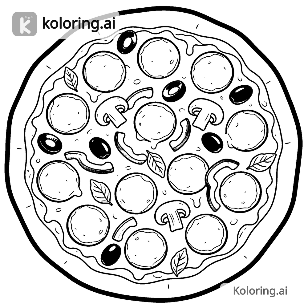 Black and white coloring page of pizza with all the toppings
