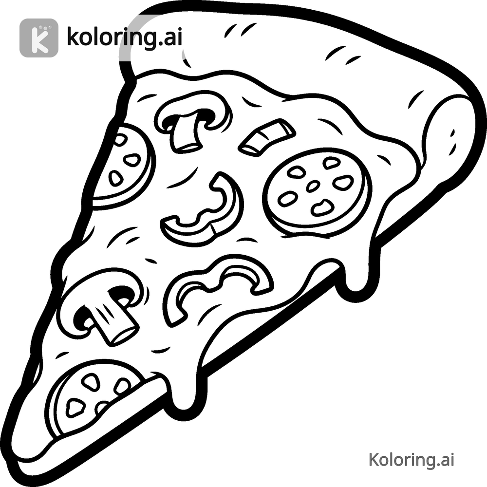Black and white coloring page of slice of pizza with toppings