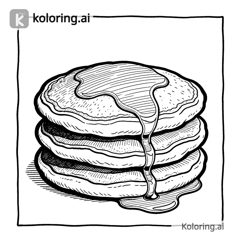 Black and white coloring page of stack of pancakes with syrup
