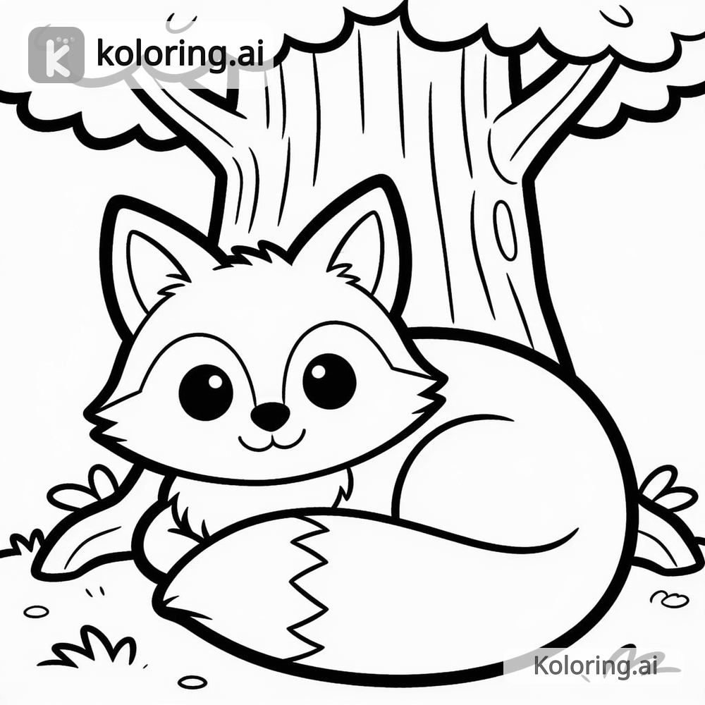 Black and white coloring page of cute fox curled up under a tree