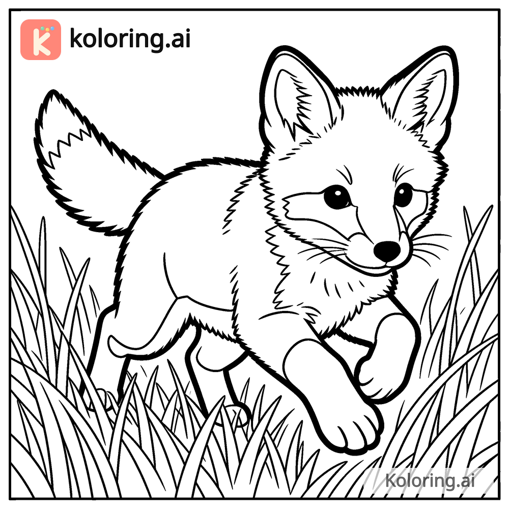 Black and white coloring page of fox kit pouncing in tall grass