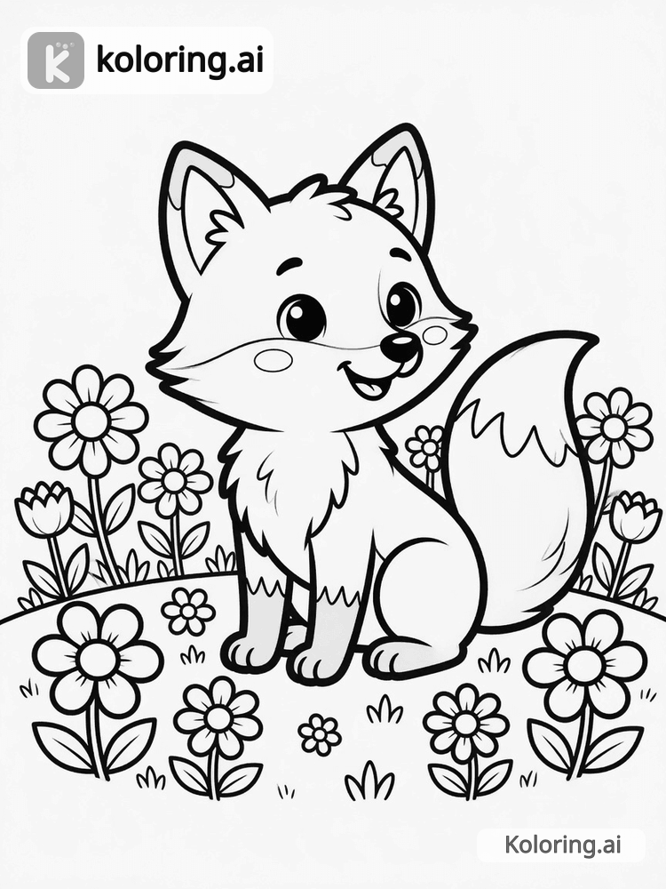 Black and white coloring page of fox sitting in a flower field