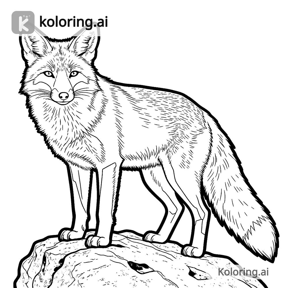 Black and white coloring page of fox standing on a rock
