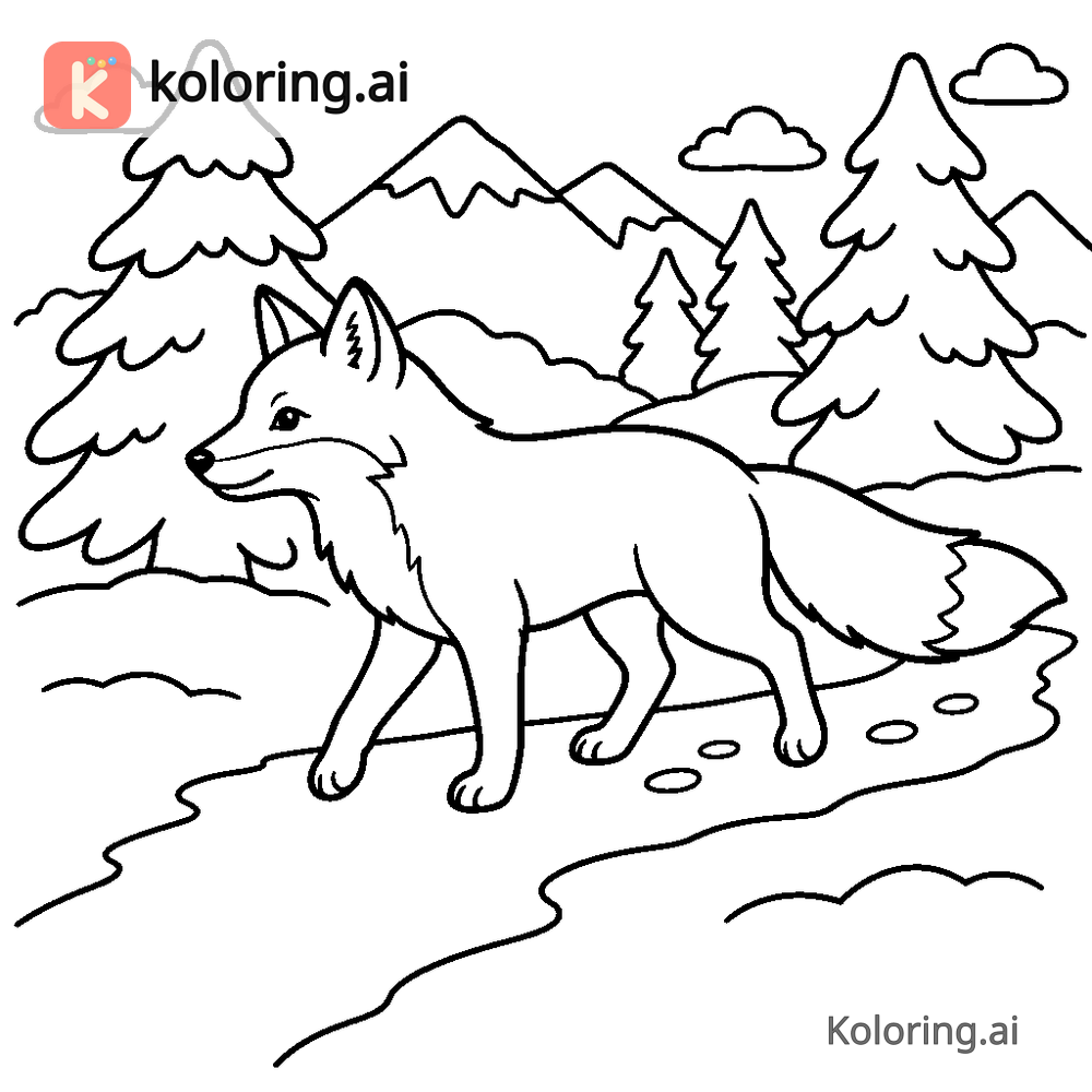 Black and white coloring page of fox trotting along a forest path in winter