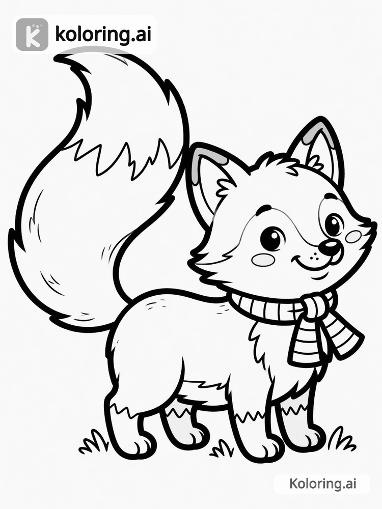 Black and white coloring page of fox with a long bushy tail