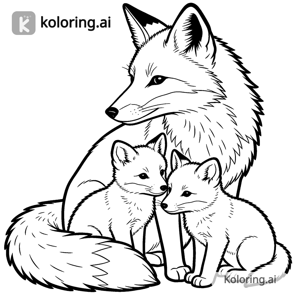 Black and white coloring page of mother fox with two kits