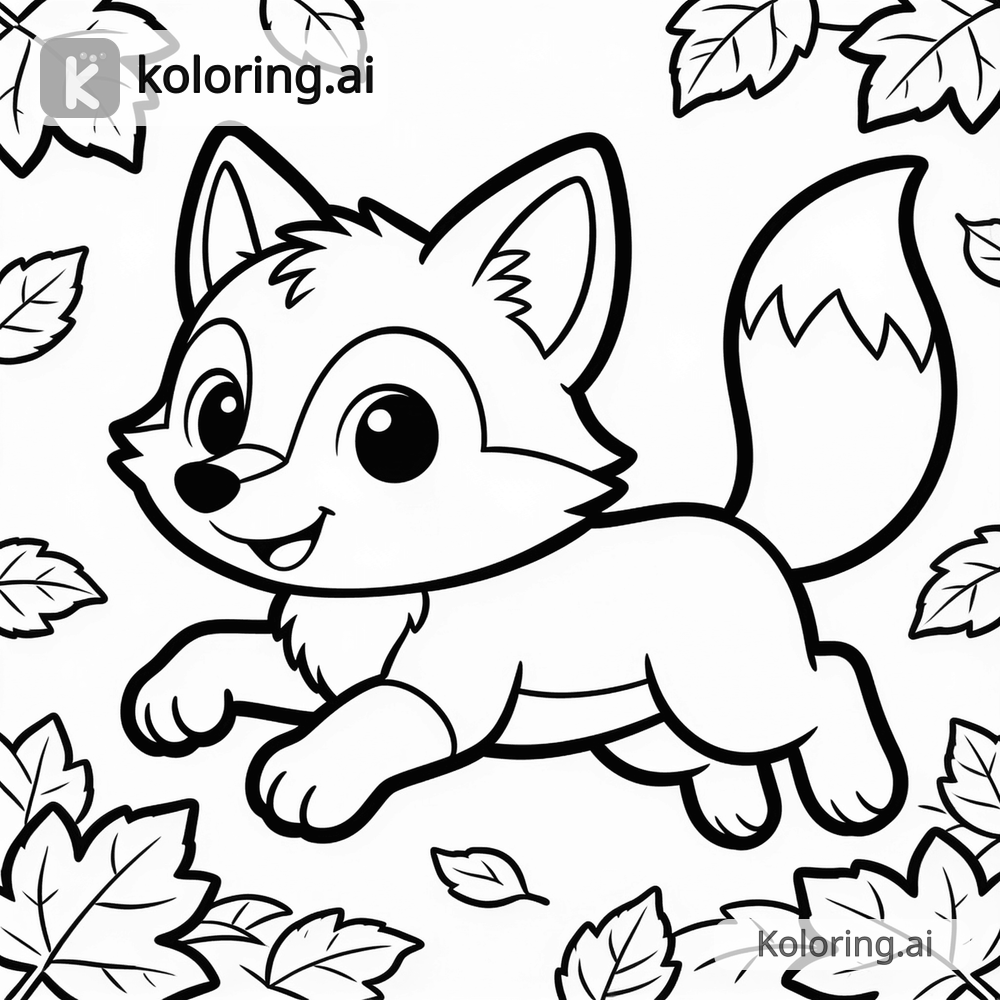 Black and white coloring page of playful fox pouncing in autumn leaves