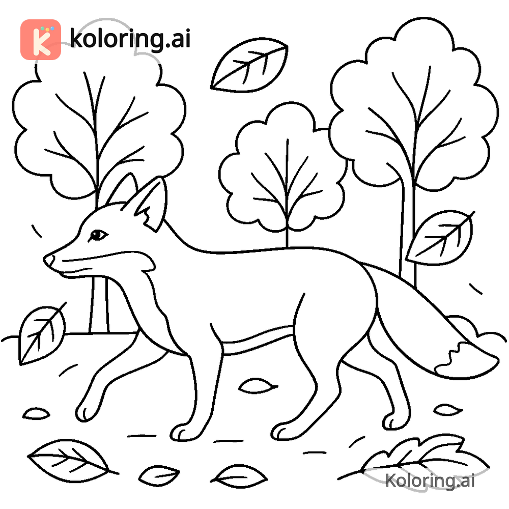 Black and white coloring page of red fox trotting through an autumn forest