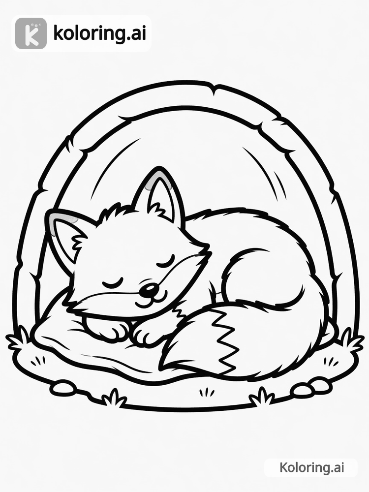Black and white coloring page of sleeping fox curled in a den