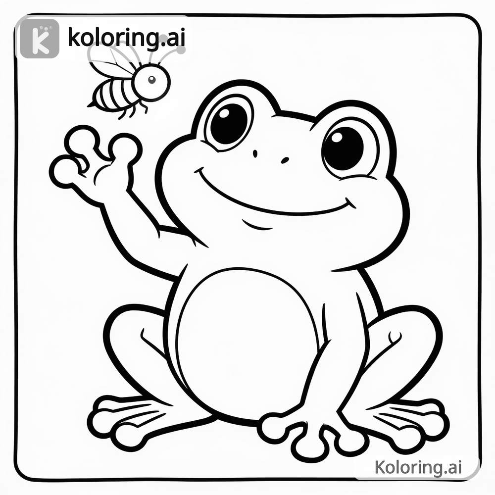 Black and white coloring page of frog catching a firefly at night