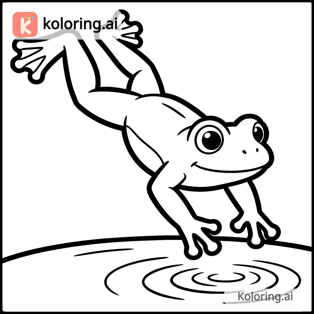 Black and white coloring page of frog diving into a garden pond