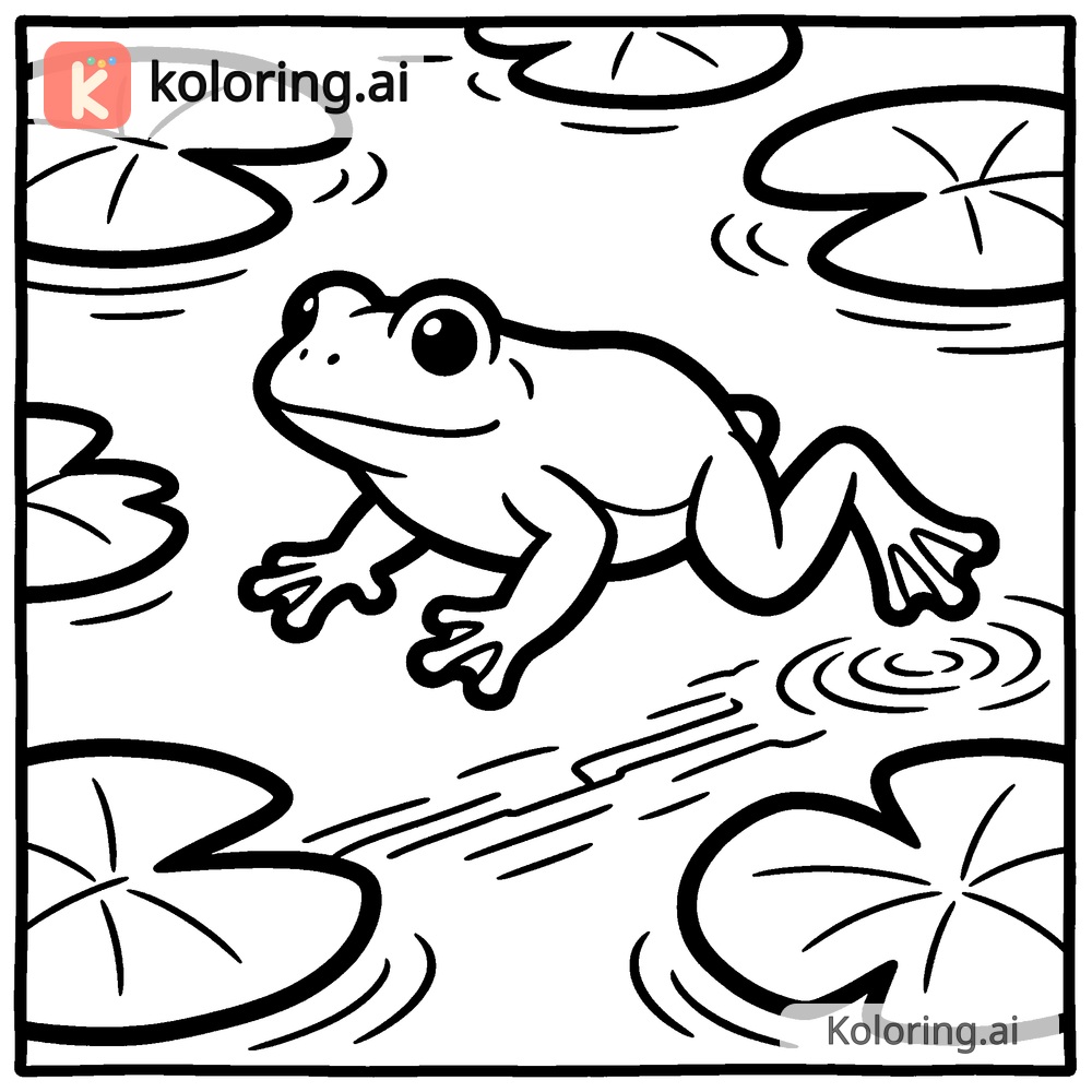 Black and white coloring page of frog leaping between lily pads