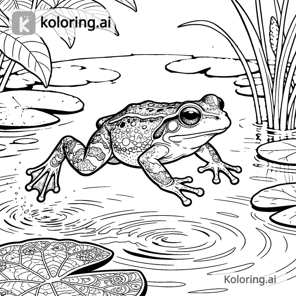 Black and white coloring page of frog leaping over a pond