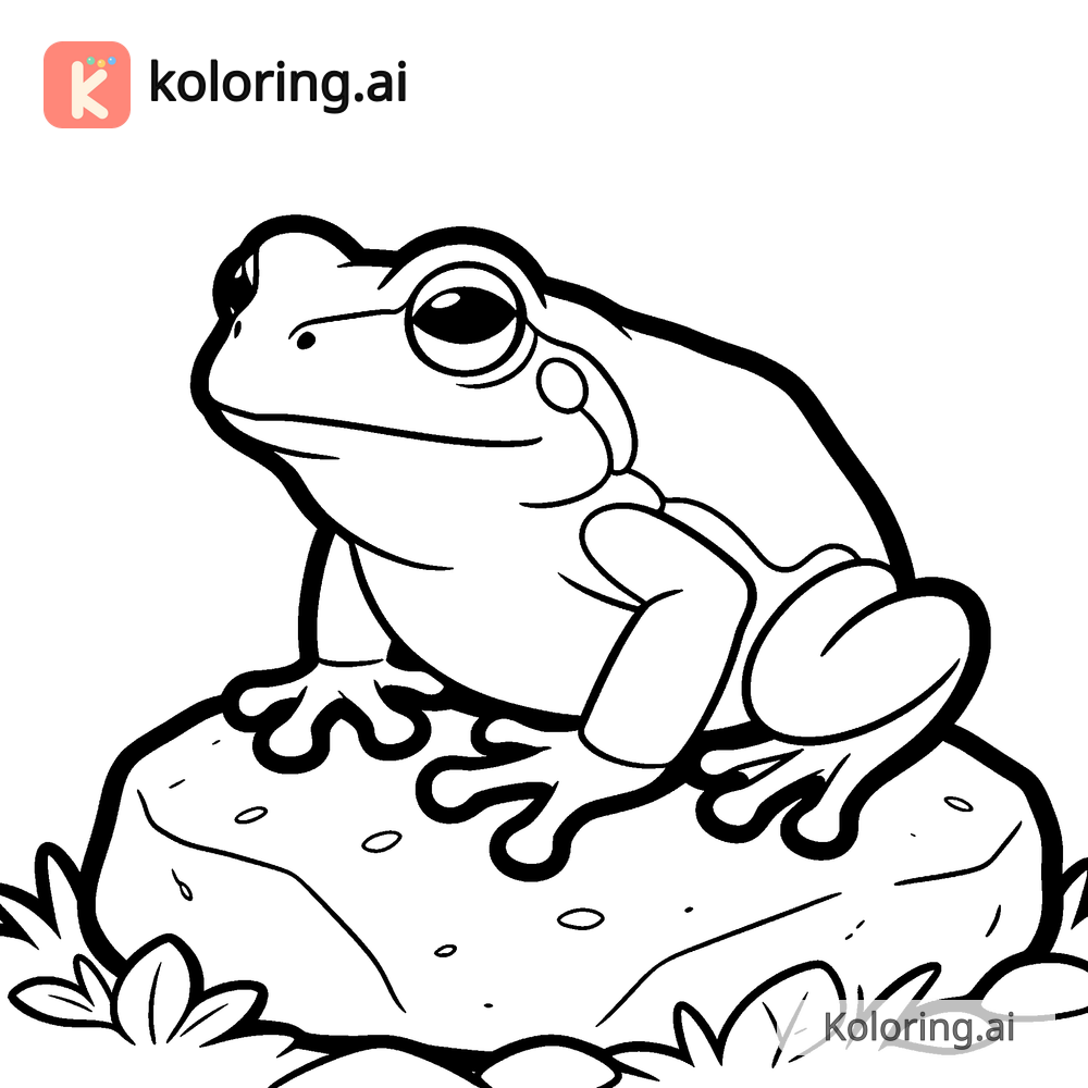 Black and white coloring page of frog perched on a garden stone