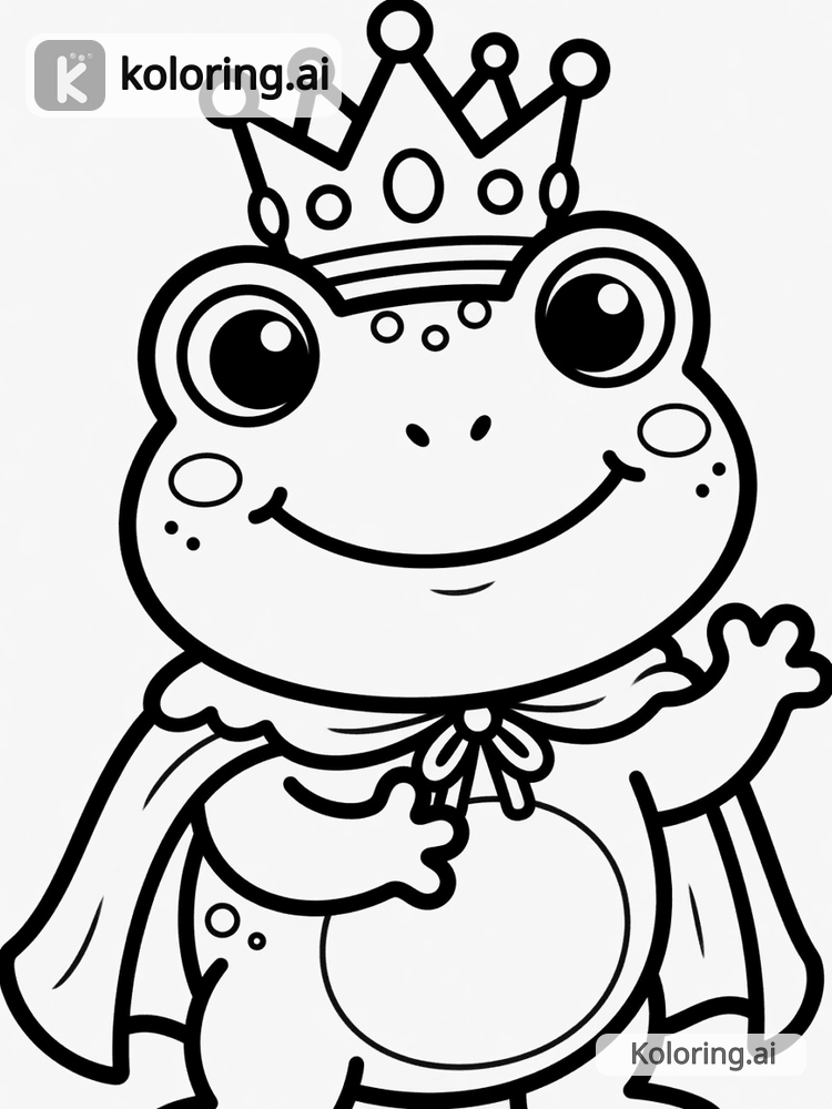 Black and white coloring page of frog prince wearing a crown
