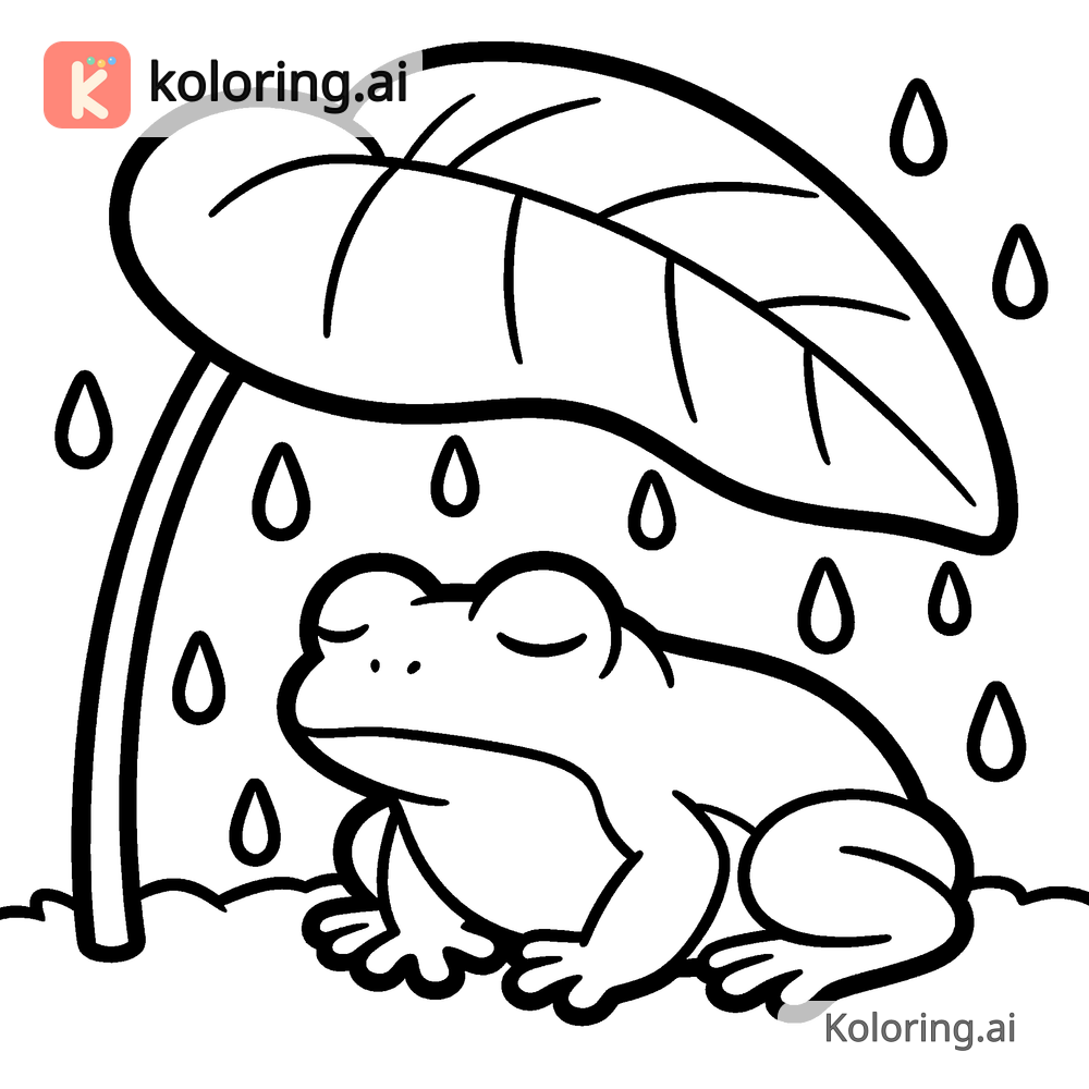 Black and white coloring page of frog resting under a giant leaf in the rain