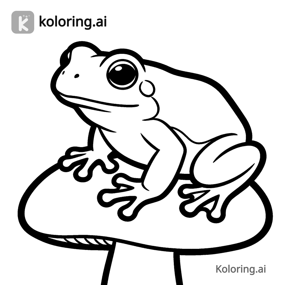 Black and white coloring page of frog sitting on a mushroom
