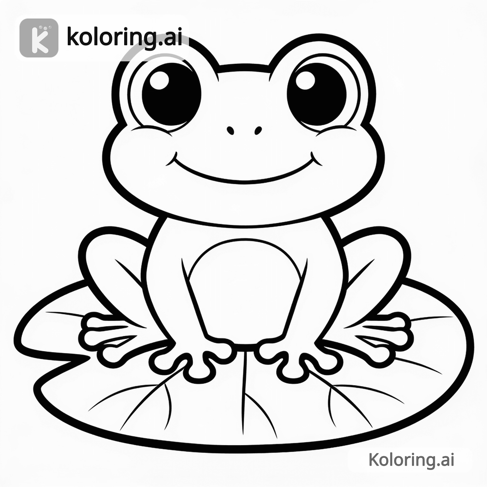Black and white coloring page of happy frog sitting on a lily pad