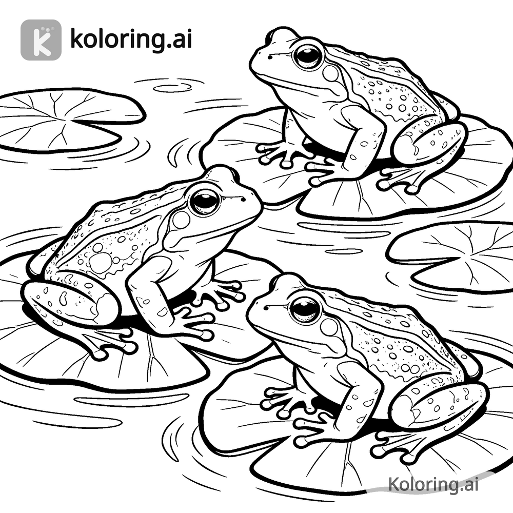 Black and white coloring page of three frogs on lily pads