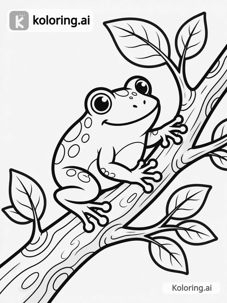 Black and white coloring page of tree frog climbing a branch