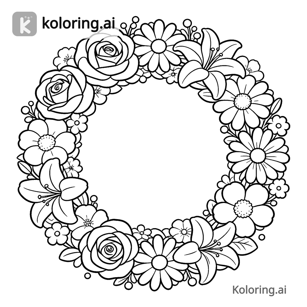 Black and white coloring page of flower crown wreath