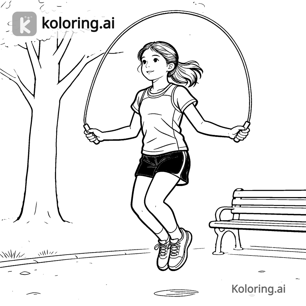 Black and white coloring page of girl jumping rope in the park
