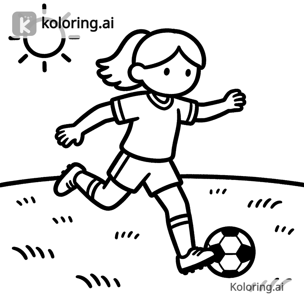 Black and white coloring page of girl playing soccer on a sunny field